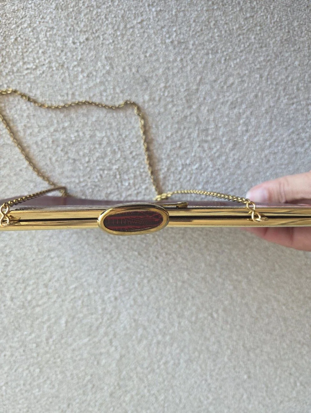 Vintage 1960s Burgundy Faux Lizard Clutch Gold Frame Chain Strap Evening Bag